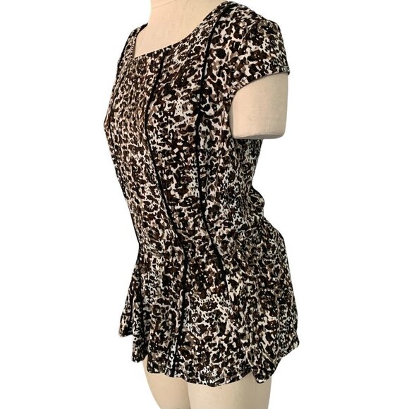 Maria Gabrielle L BOHO Ditzy Abstract Stretch Peplum Tunic Top Piping Trim 9K - Picture 4 of 6